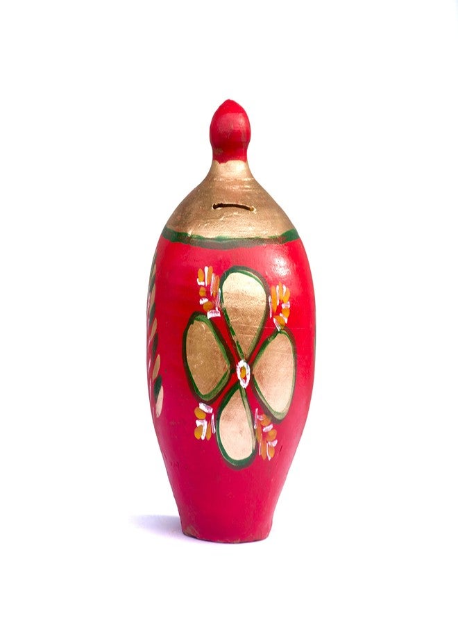 Onlinch Clay Made Round Shape Piggy Bank for Kids | Terracotta Mitti Gullak Coin Bank | Handcrafted Multi-Coloured Coin Box | Traditional Money Bank Gift | Undiyal Style (Design-3) - Image 1